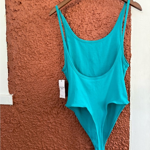 Calvin Klein Jeans Monogram Logo Scoop Back Thong Tank Top Bodysuit Teal Medium - Picture 3 of 5